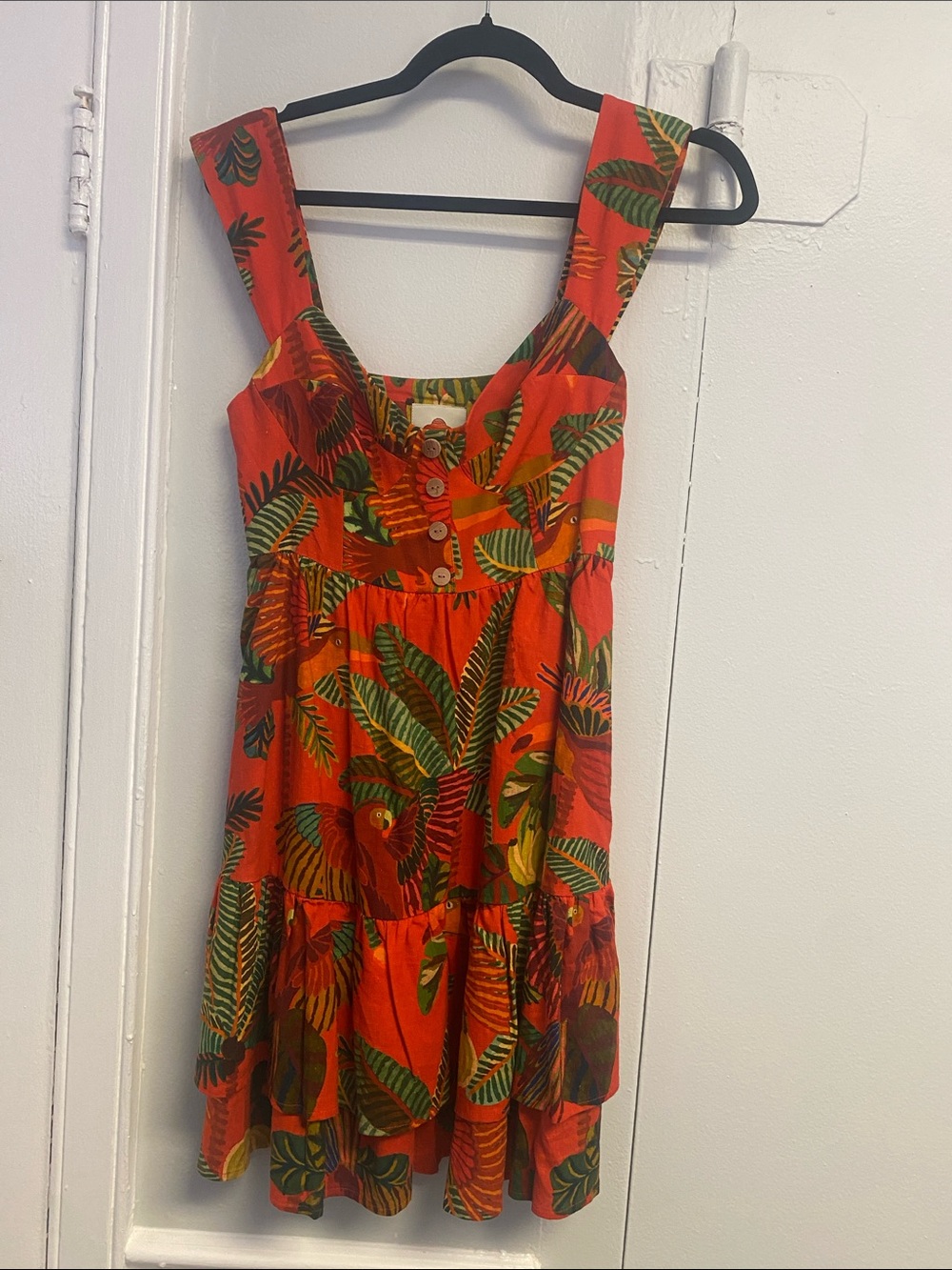 Farm rio Tropical Print Sundress in Bright Red with Green Leaves